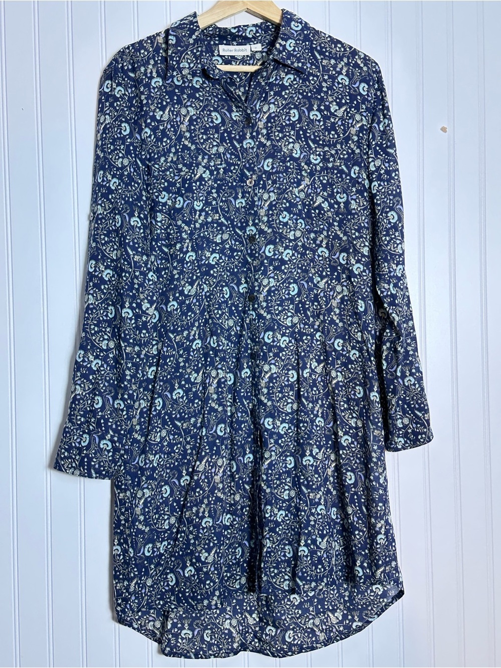 Roller Rabbit blue floral dress long sleeves button-down front M Relax Fit